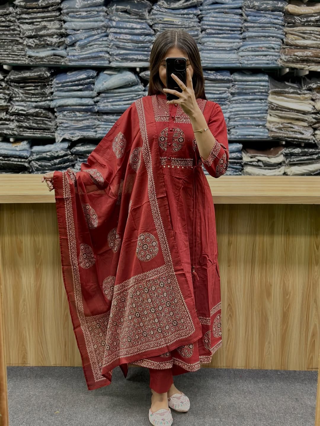 Premium Rust Red Ajrakh Cotton Kurti Pant Dupatta Set