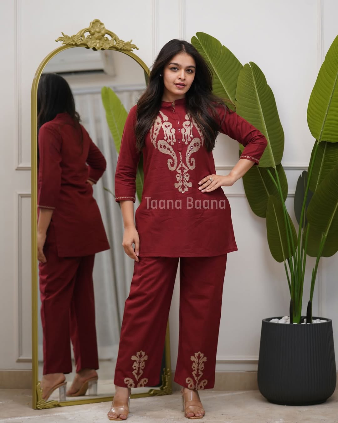 Maroon Heritage Embroidered Co-Ord Set for Women
