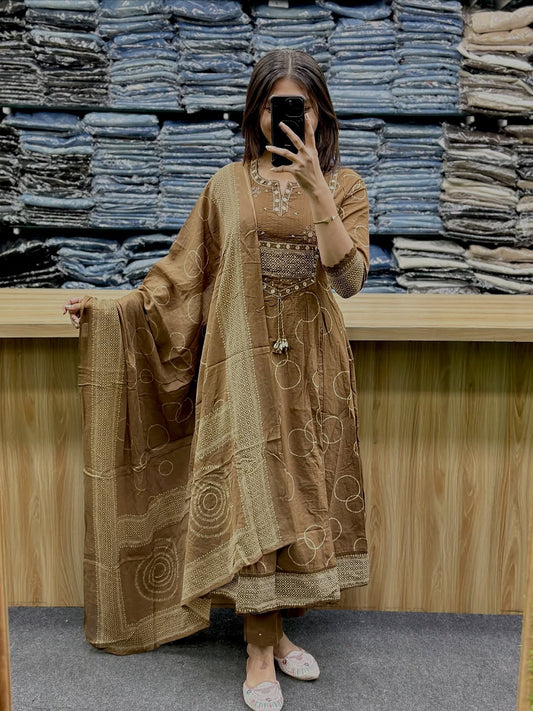 Elegant Brown Embroidered Kurta Set with Dupatta