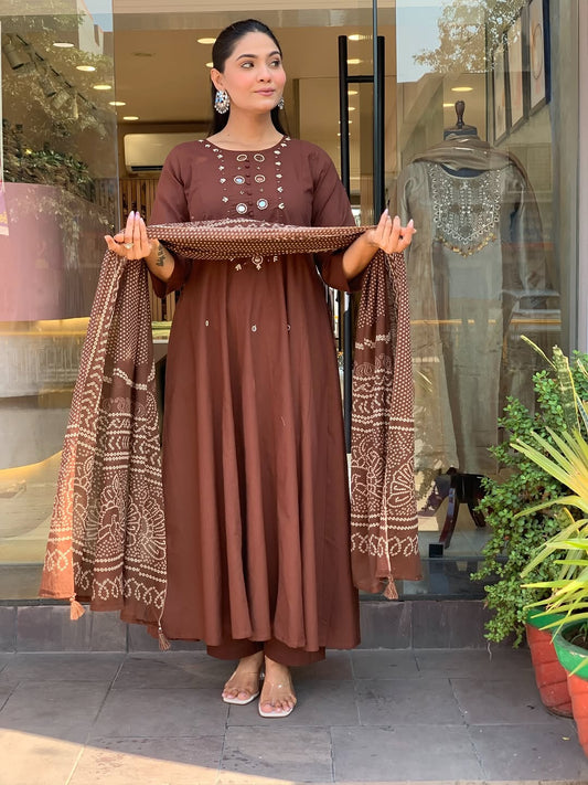 Elegant Chocolate Brown Anarkali Kurta Set with Printed Dupatta