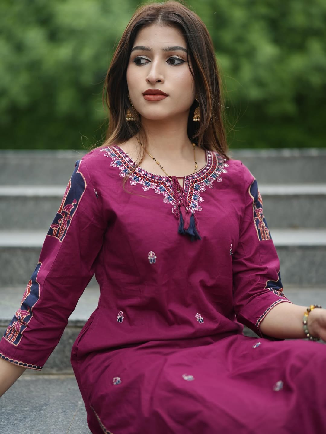 Magenta Printed Kurta Set with Traditional Ajrakh Dupatta