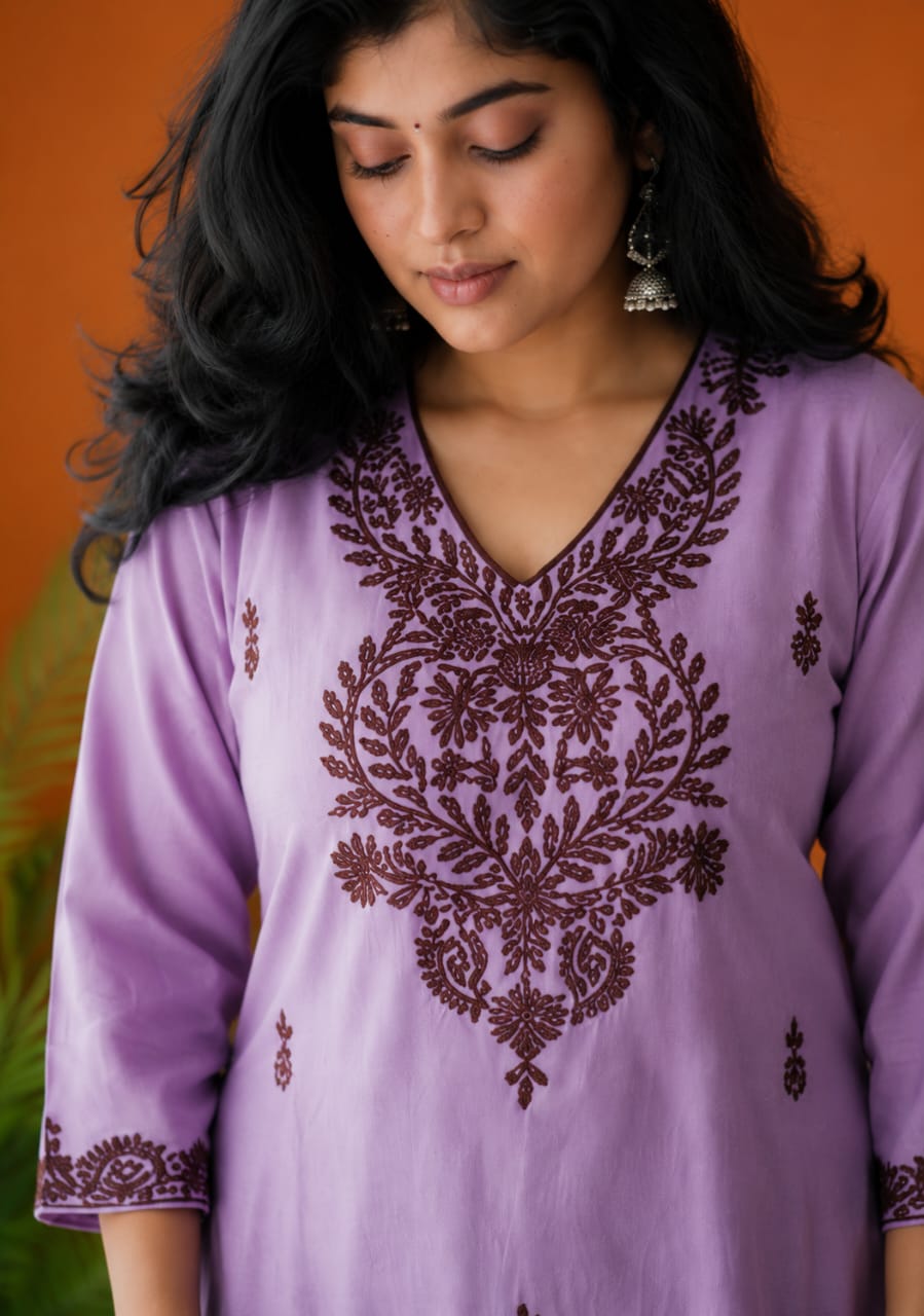 Lavender Embroidered Straight Kurta Set for Women