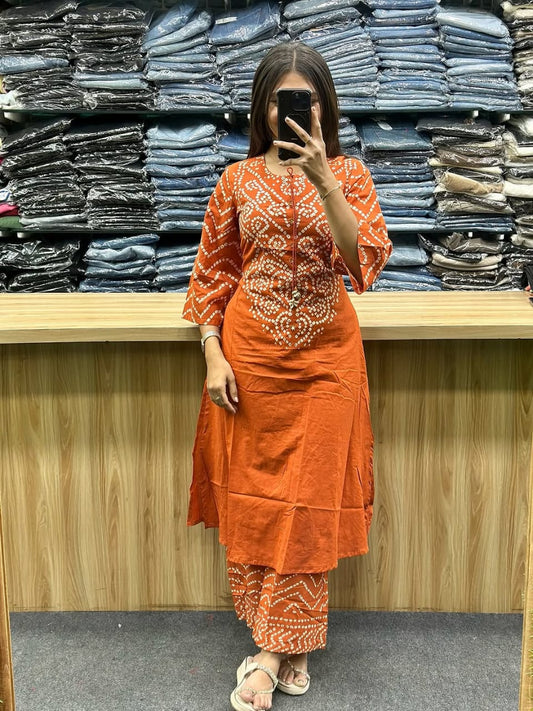 Elegant Rust Orange Bandhani Kurta Set