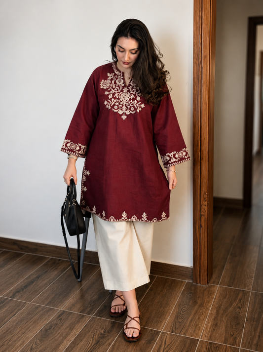 Maroon Embroidered Kurta with Ivory Wide-Leg Pants