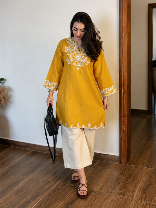 Yellow Embroidered Kurta with Ivory Straight Pants