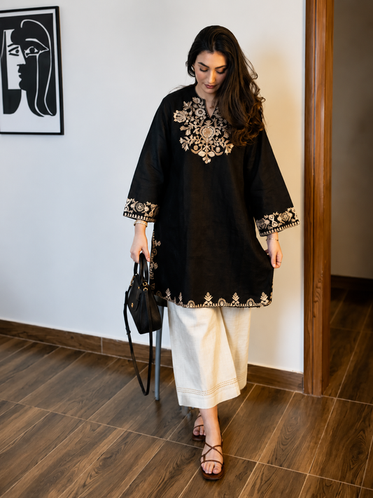 Embroidered Black Kurta with Ivory Wide-Leg Pants