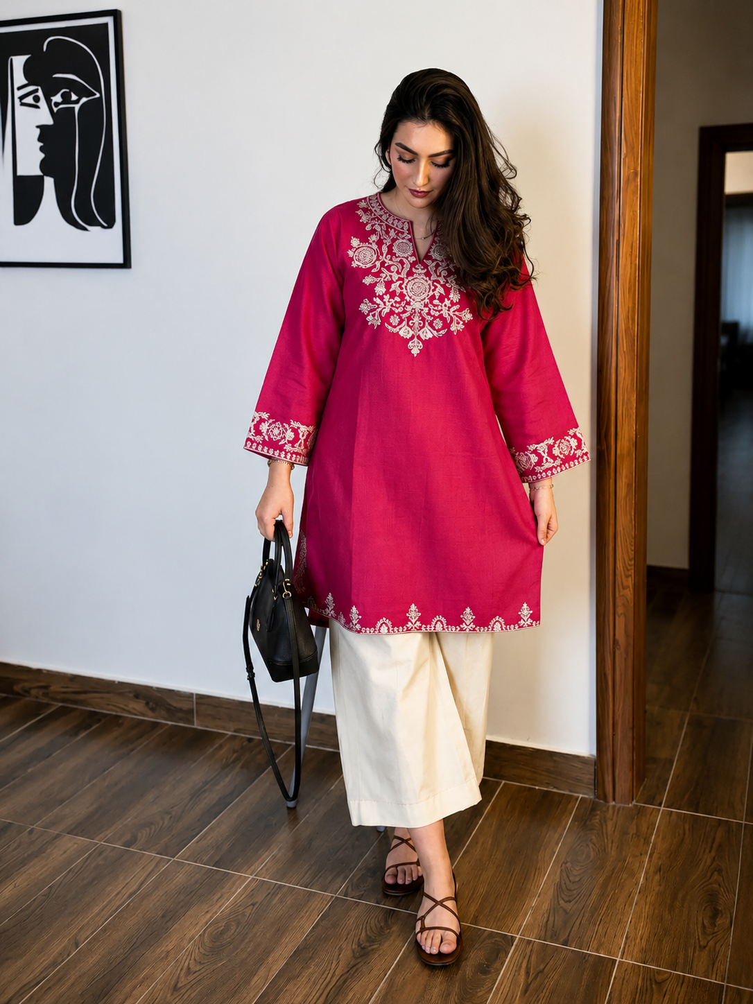 Embroidered Pink Kurta with Ivory Wide-Leg Pants