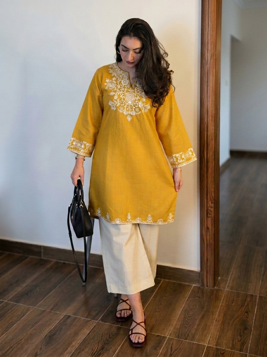 Yellow Embroidered Kurta with Ivory Straight Pants