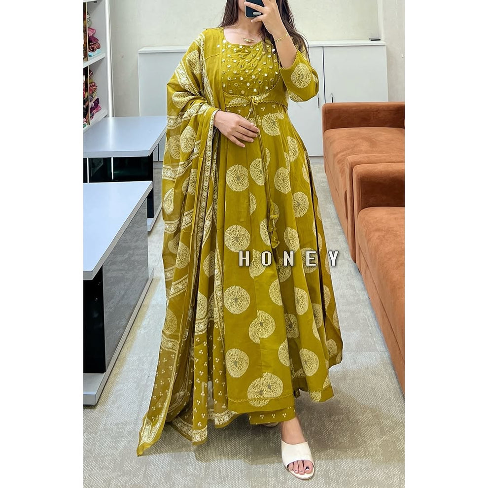 Yellow Cotton Printed Anarkali with Attached Jacket Detailing with Pants and Dupatta