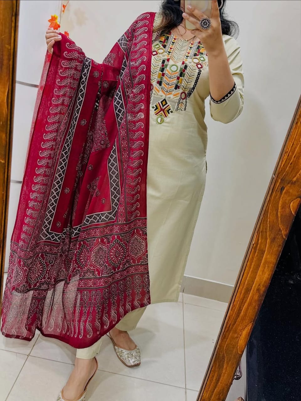 Jaipuri White Hand-Embroidered Kurta Set with Ajrakh Print Dupatta