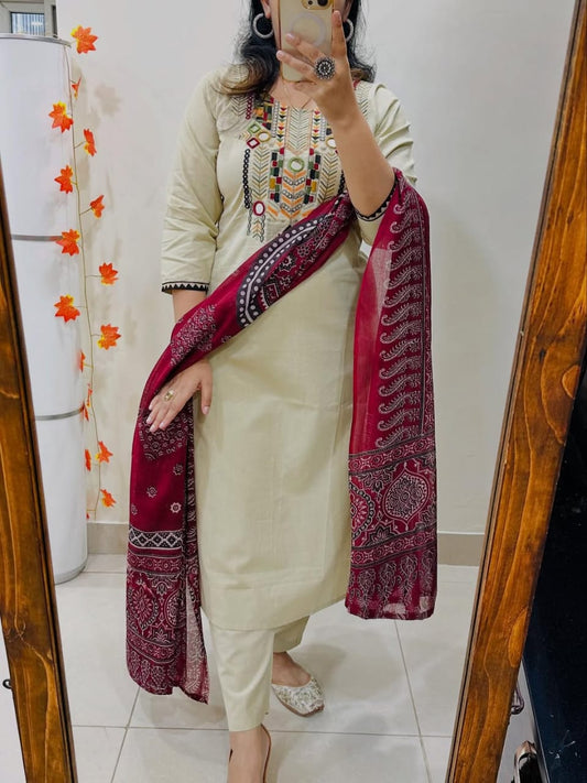 Jaipuri White Hand-Embroidered Kurta Set with Ajrakh Print Dupatta