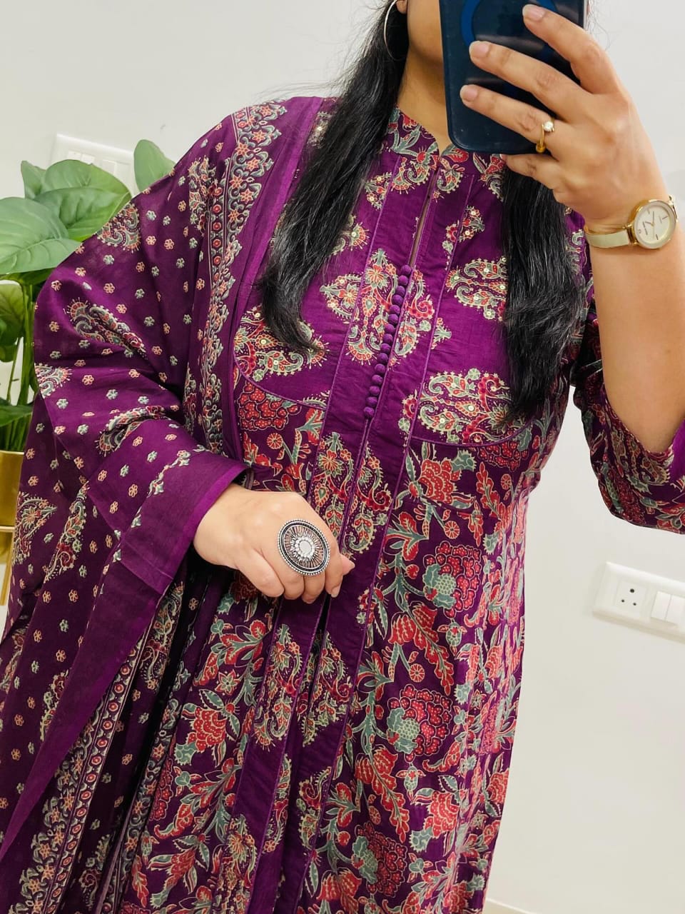 Purple Cotton Anarkali Suit Set with Ajrak-Inspired Print Dupatta