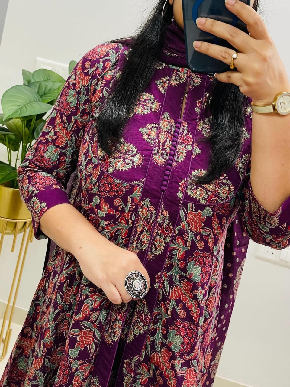Purple Cotton Anarkali Suit Set with Ajrak-Inspired Print Dupatta