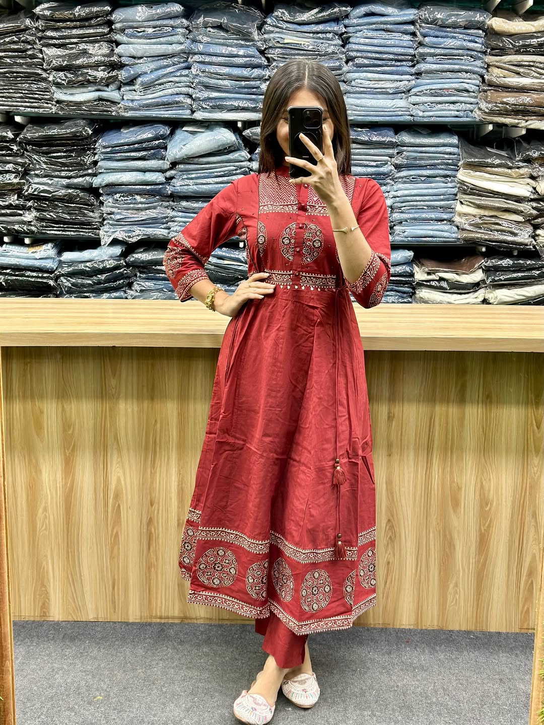 Premium Rust Red Ajrakh Cotton Kurti Pant Dupatta Set