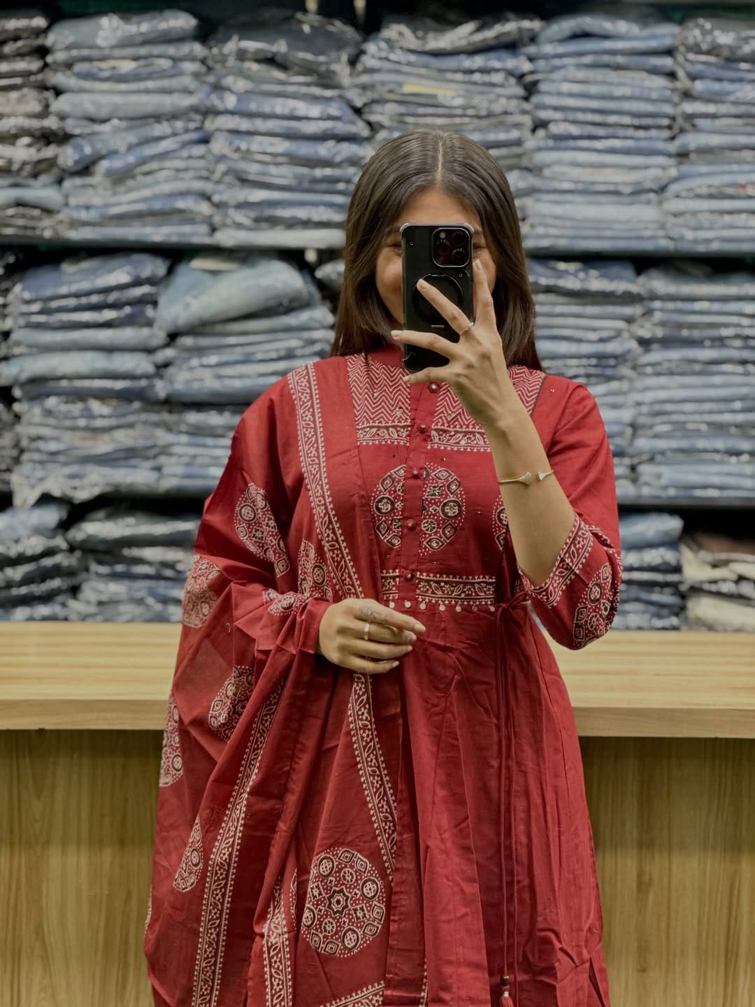 Premium Rust Red Ajrakh Cotton Kurti Pant Dupatta Set