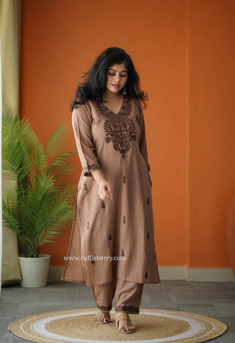 Elegant Mocha Brown Embroidered Kurta Pant Set