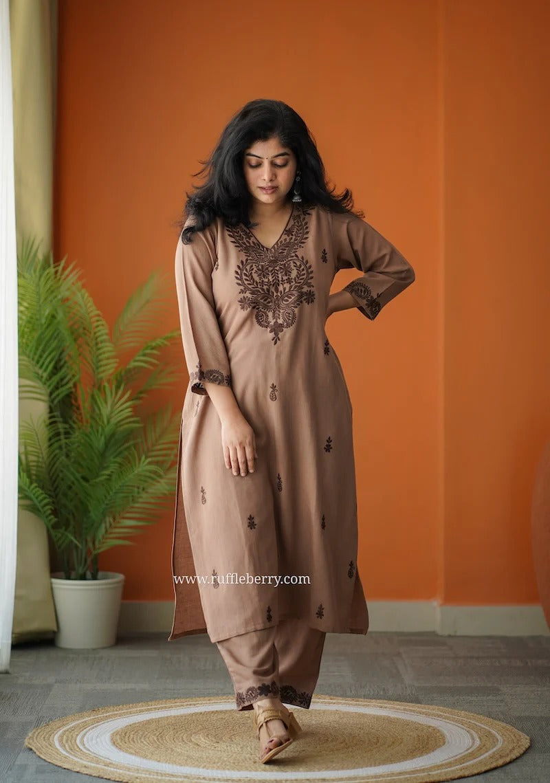Elegant Mocha Brown Embroidered Kurta Pant Set