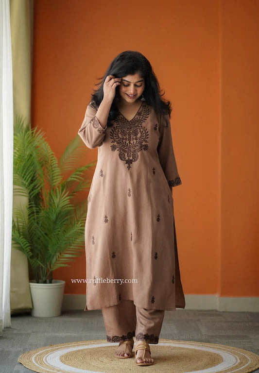 Elegant Mocha Brown Embroidered Kurta Pant Set