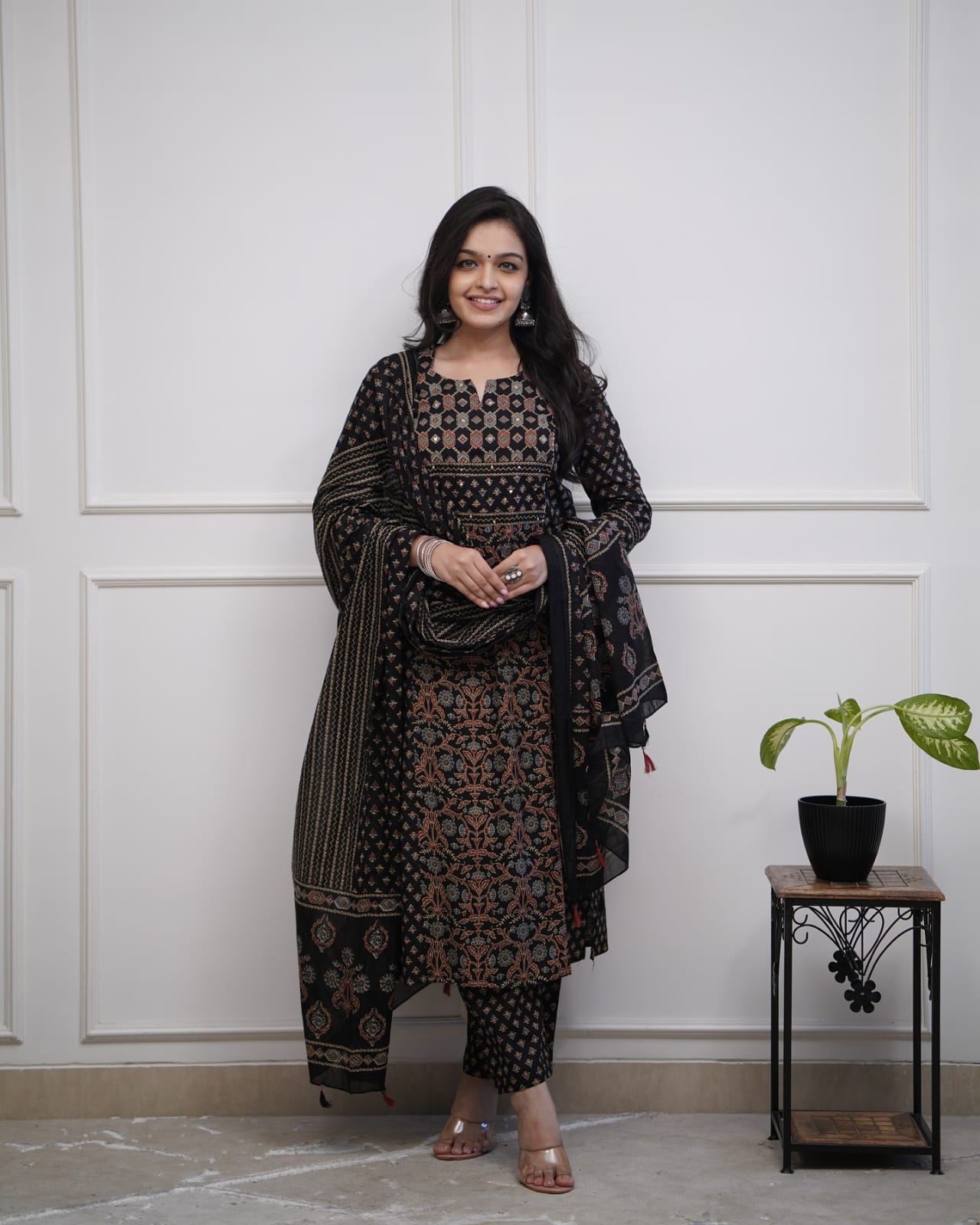 Black Printed Cotton Kurta Pant Set with Dupatta for Women