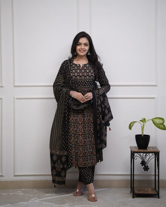 Black Printed Cotton Kurta Pant Set with Dupatta for Women