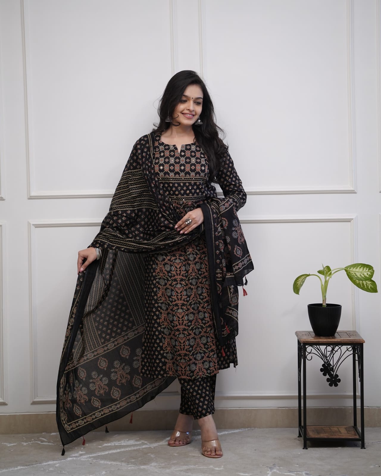 Black Printed Cotton Kurta Pant Set with Dupatta for Women