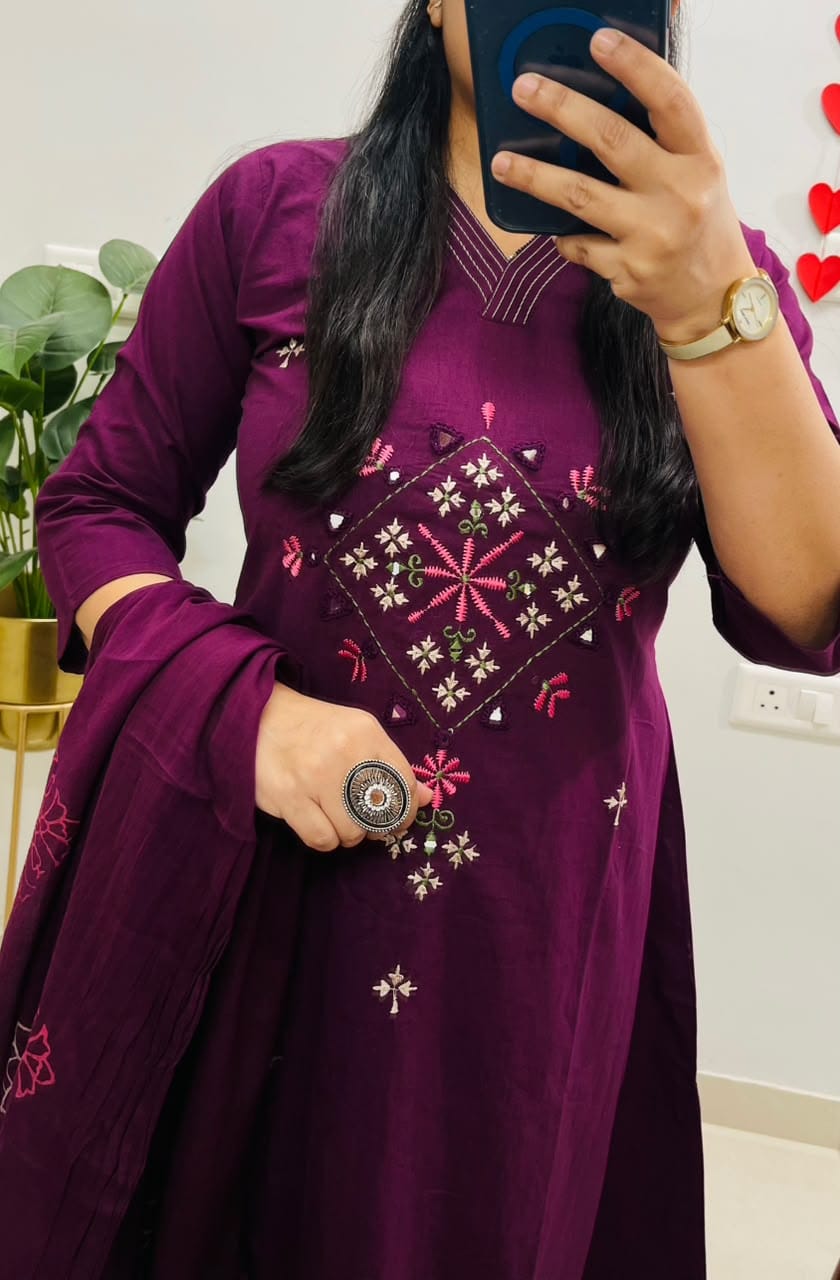 Plum Embroidered Kurta Pant Dupatta Set