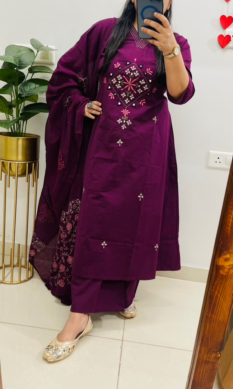 Plum Embroidered Kurta Pant Dupatta Set