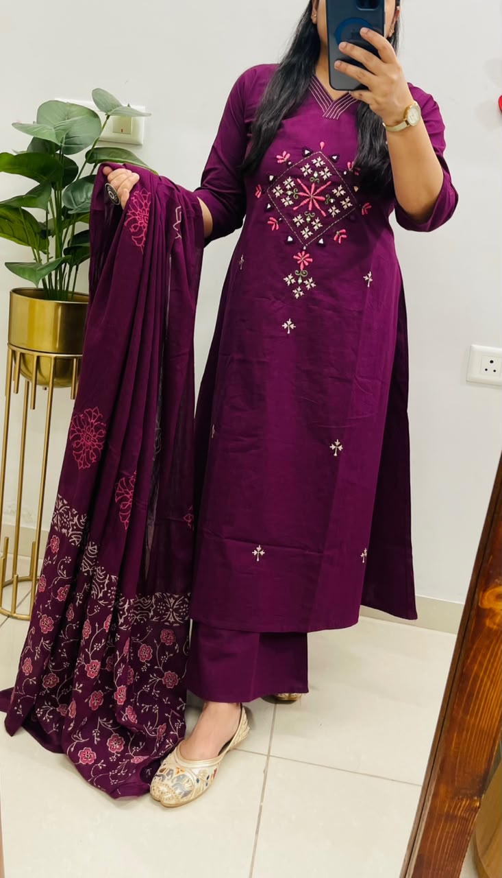 Plum Embroidered Kurta Pant Dupatta Set