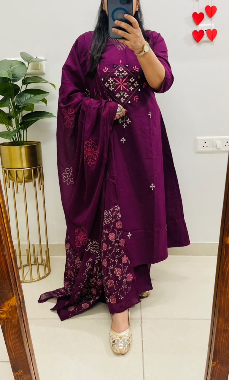 Plum Embroidered Kurta Pant Dupatta Set