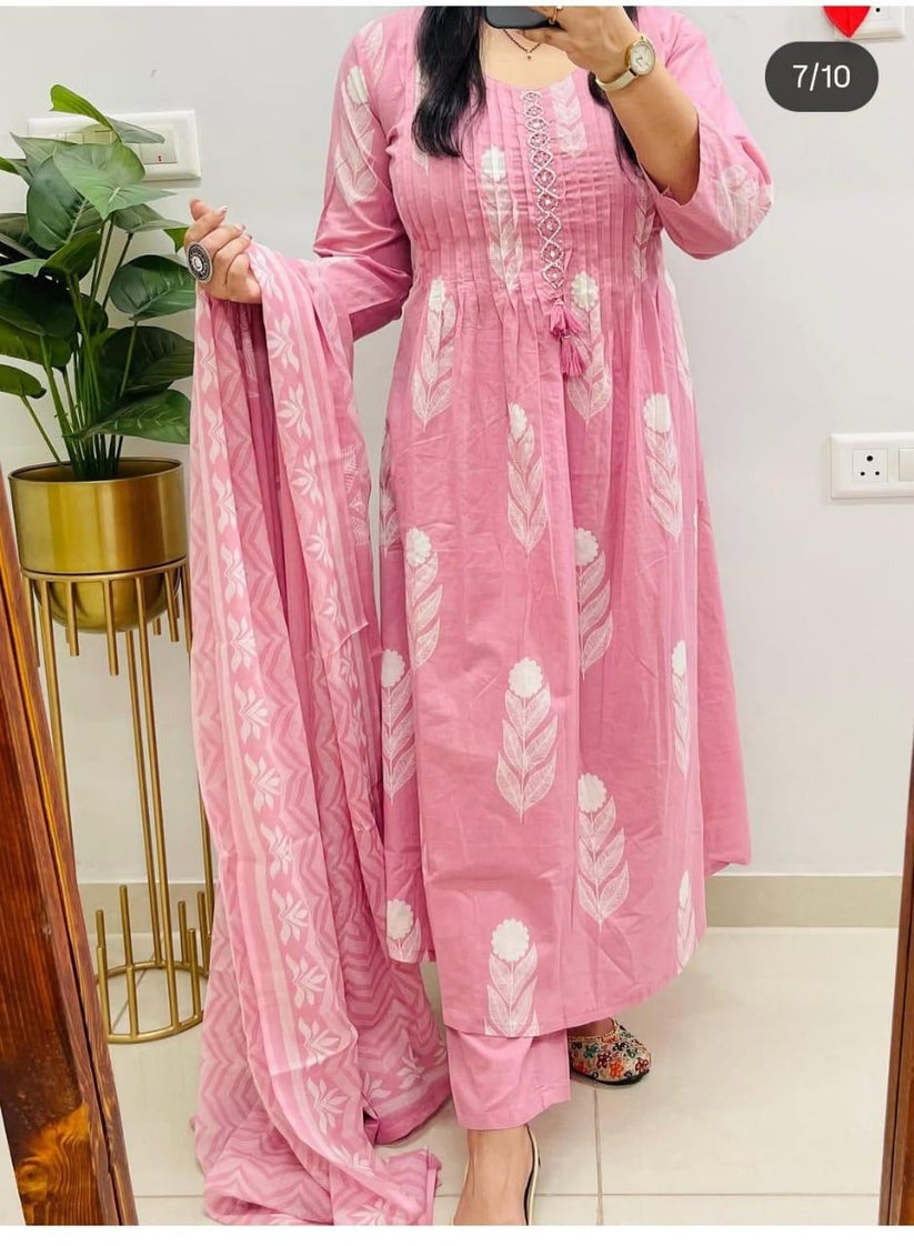 Pink Printed Kurta Pant Dupatta Set
