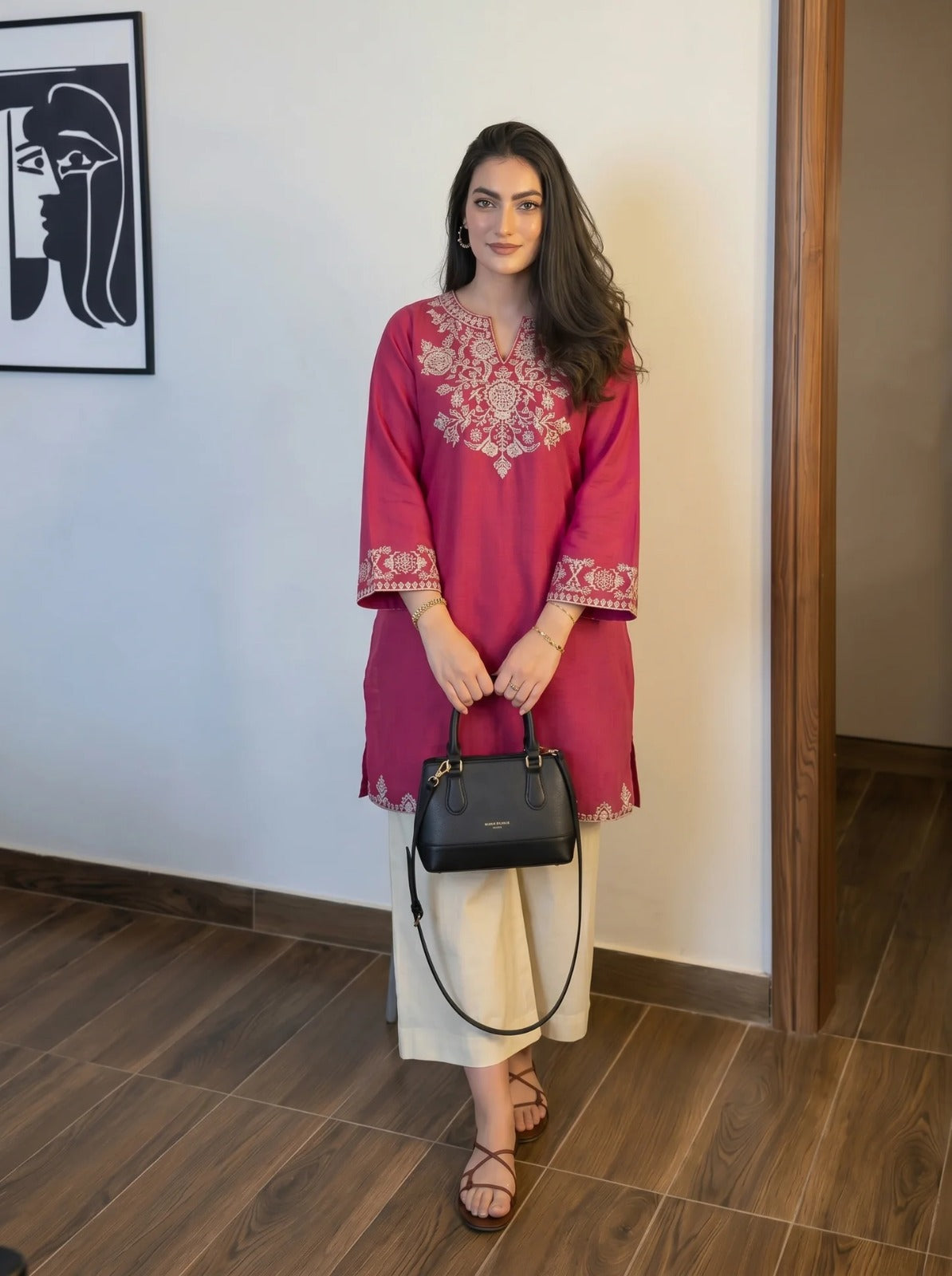 Embroidered Pink Kurta with Ivory Wide-Leg Pants