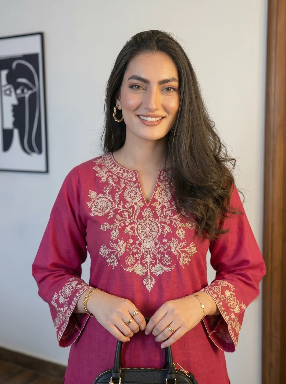 Embroidered Pink Kurta with Ivory Wide-Leg Pants