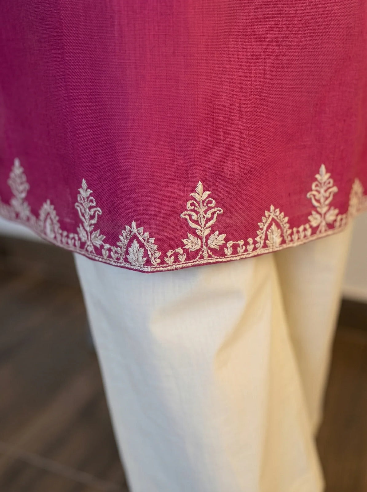 Embroidered Pink Kurta with Ivory Wide-Leg Pants