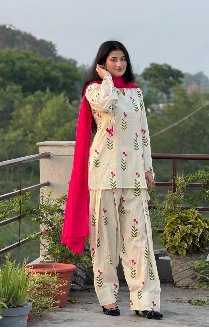 White Floral Printed Cotton Kurta Pant Set with Pink Dupatta