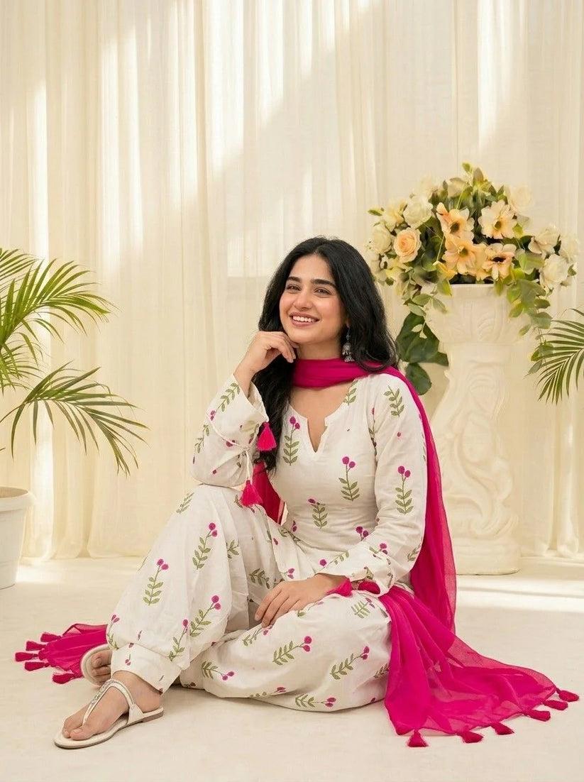 White Floral Printed Cotton Kurta Pant Set with Pink Dupatta