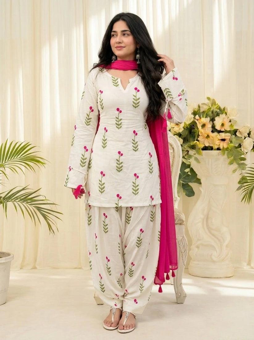 White Floral Printed Cotton Kurta Pant Set with Pink Dupatta