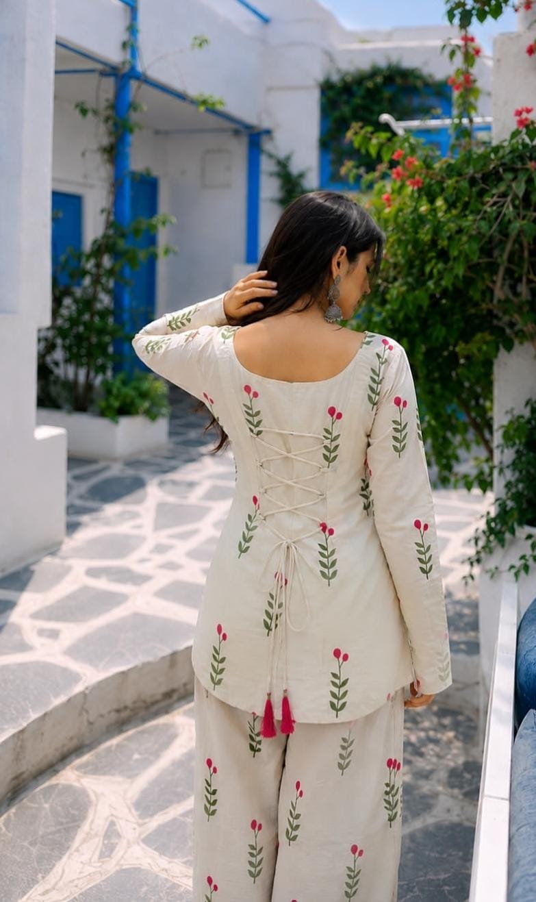White Floral Printed Cotton Kurta Pant Set with Pink Dupatta