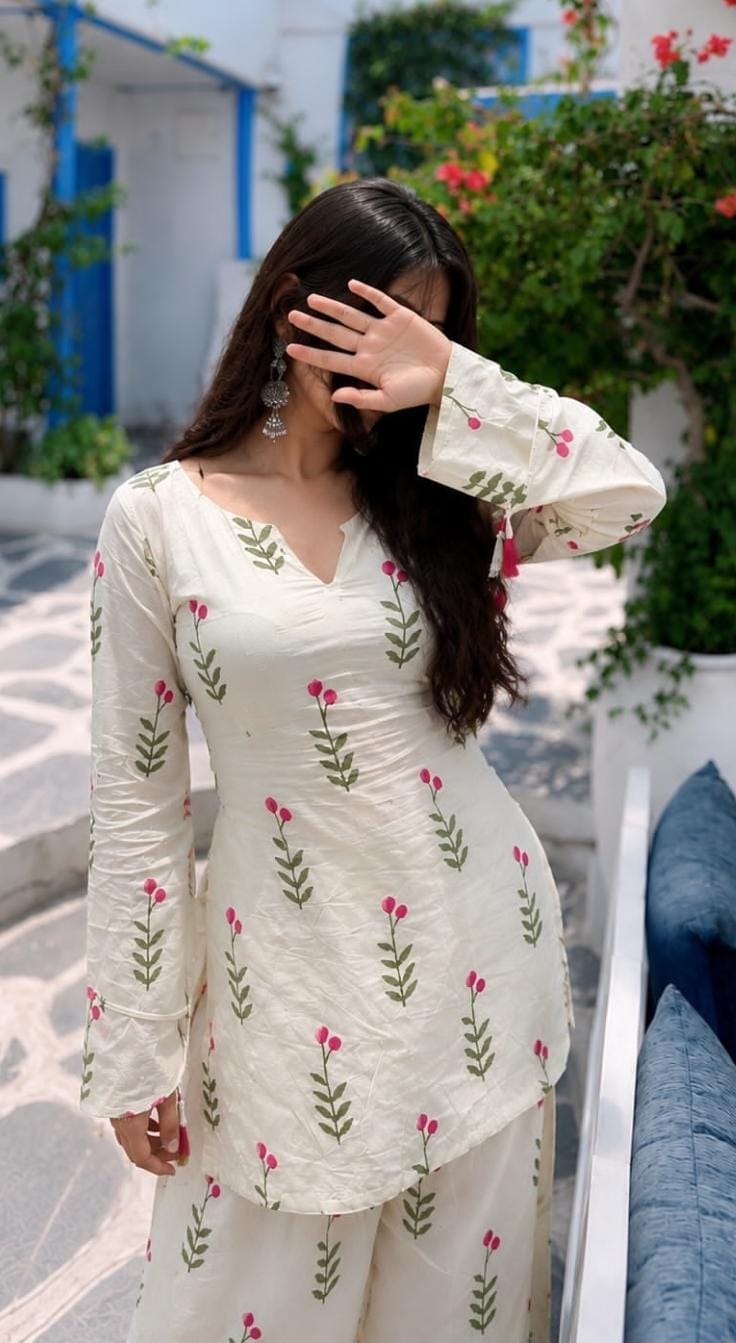 White Floral Printed Cotton Kurta Pant Set with Pink Dupatta