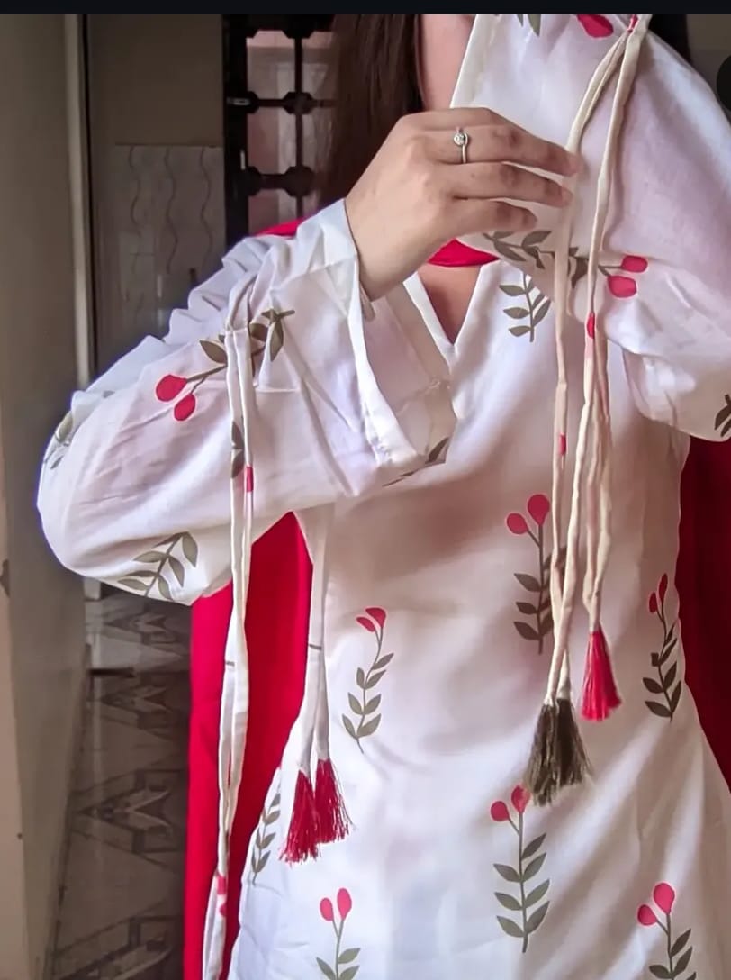 White Floral Printed Cotton Kurta Pant Set with Pink Dupatta