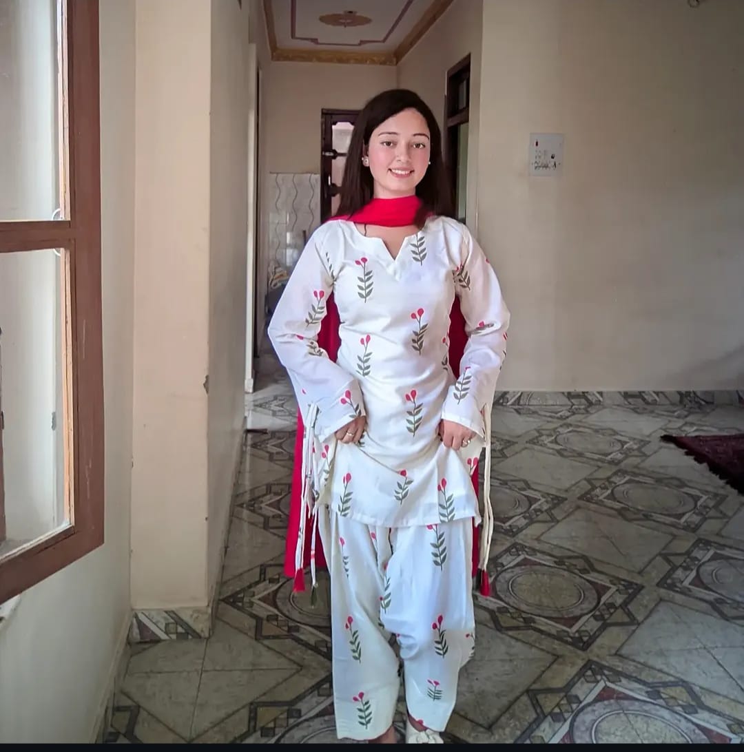 White Floral Printed Cotton Kurta Pant Set with Pink Dupatta