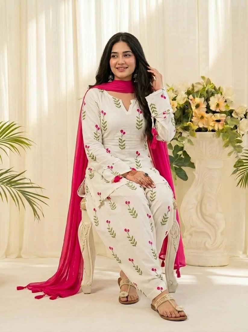 White Floral Printed Cotton Kurta Pant Set with Pink Dupatta
