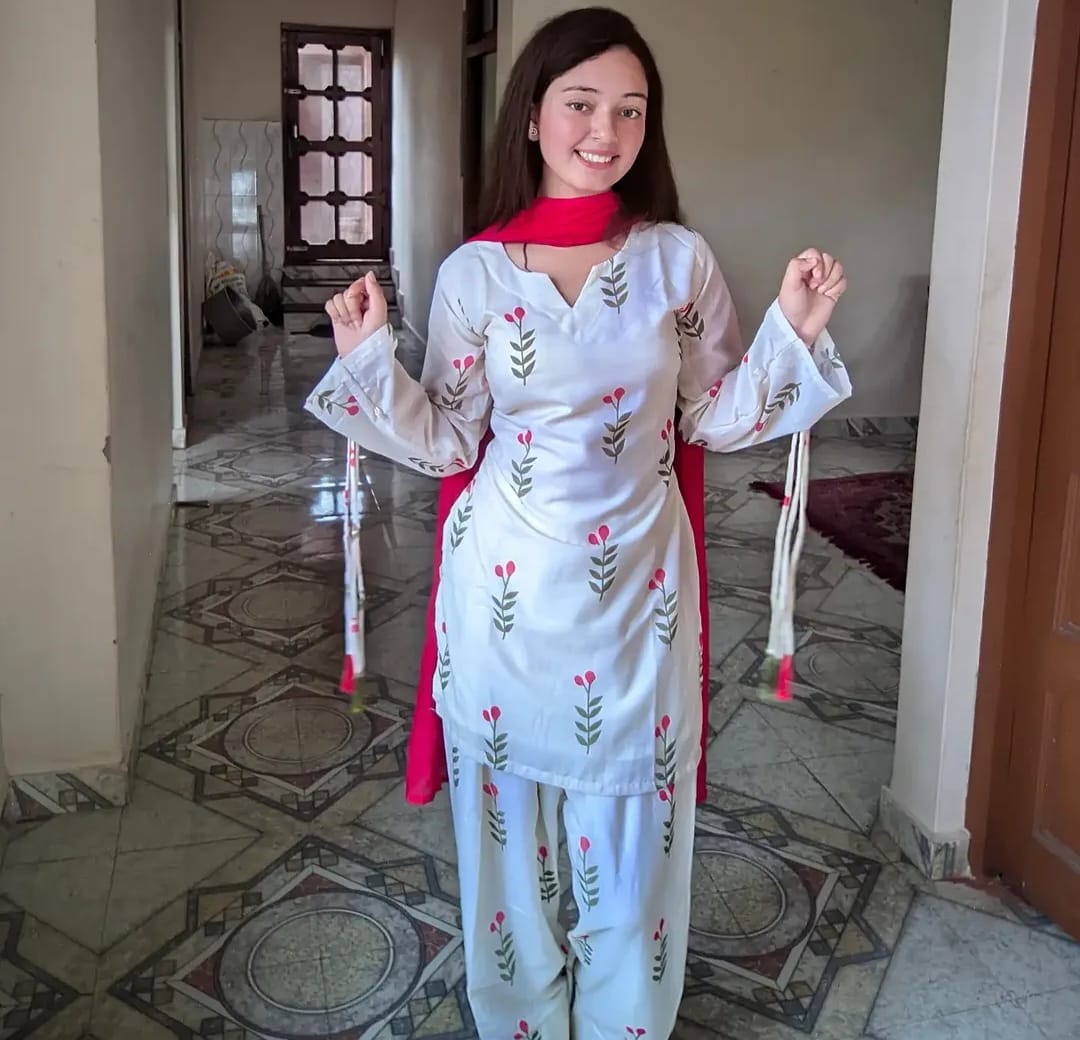 White Floral Printed Cotton Kurta Pant Set with Pink Dupatta
