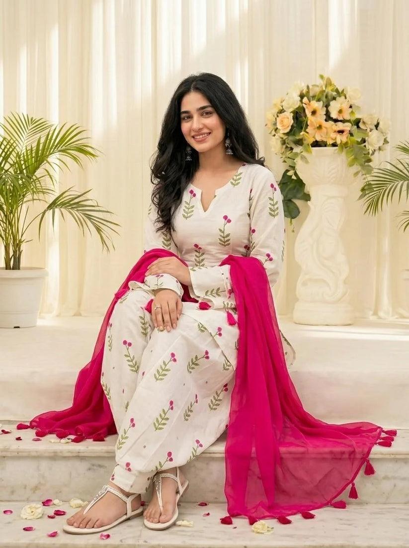 White Floral Printed Cotton Kurta Pant Set with Pink Dupatta