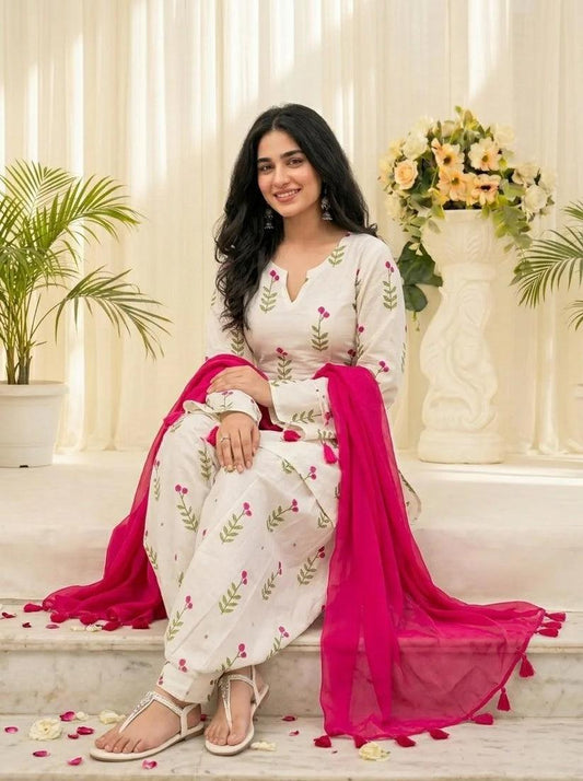 White Floral Printed Cotton 3 Piece Kurta Set with Pink Dupatta