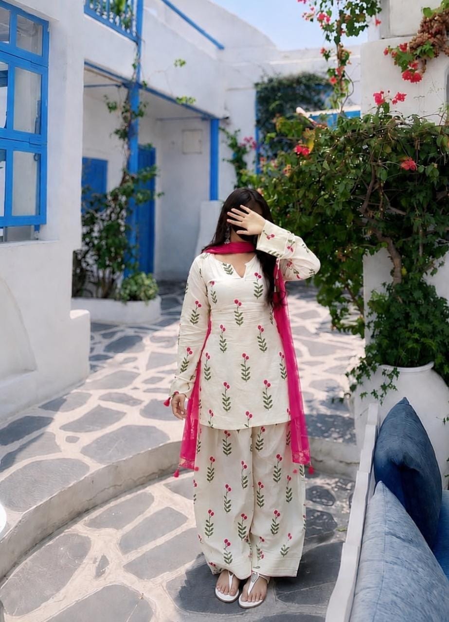 White Floral Printed Cotton Kurta Pant Set with Pink Dupatta