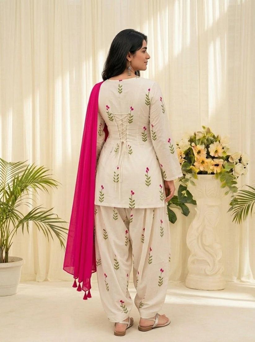 White Floral Printed Cotton Kurta Pant Set with Pink Dupatta