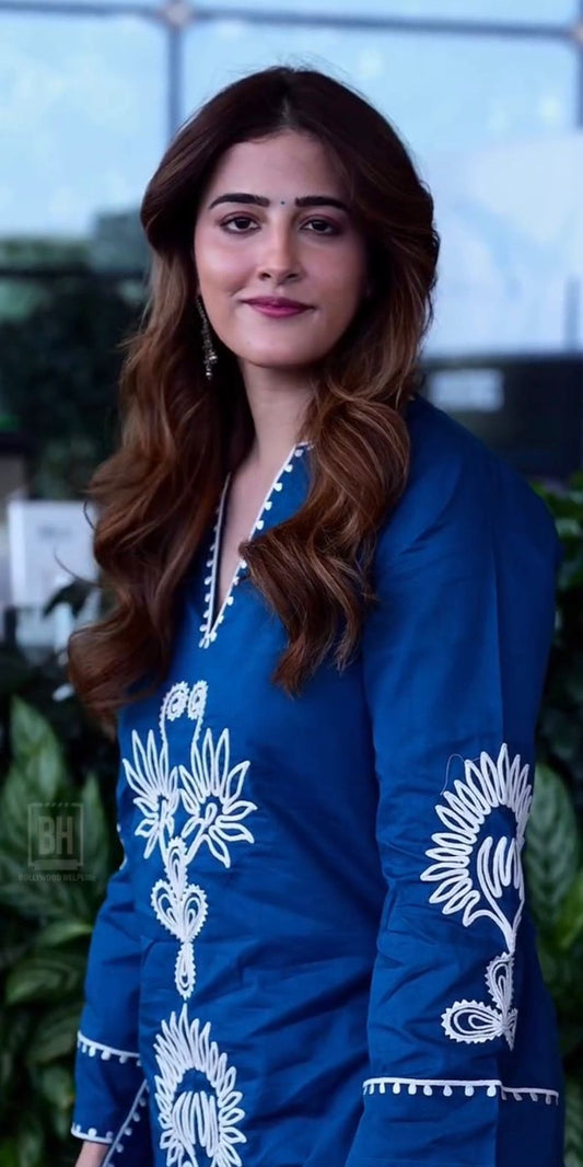 Royal Blue Embroidered Kurta Pant Co-Ord Set for Women