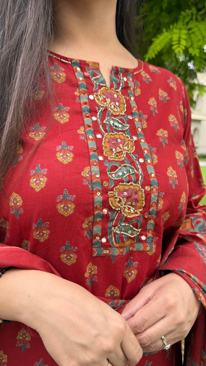 Red Printed Kurta Sharara Dupatta Set for Women