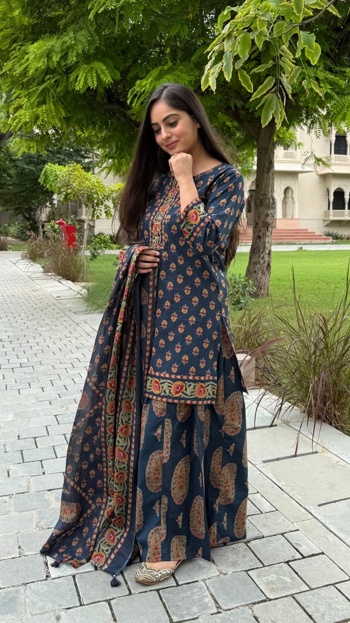 Navy Blue Printed Kurta Sharara Dupatta Set for Women
