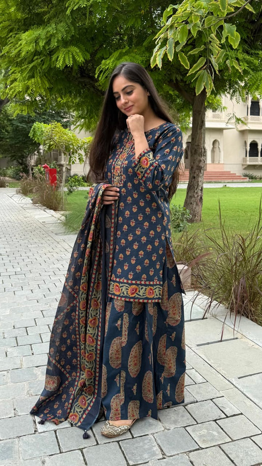 Navy Blue Printed Kurta Sharara Dupatta Set for Women